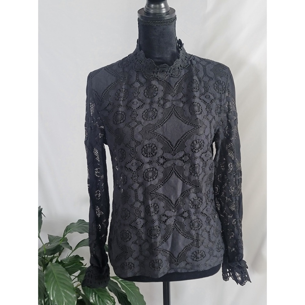 Black Eyelet Lace High‎ Neck Blouse Long Sleeve Ruffle Cuff Top